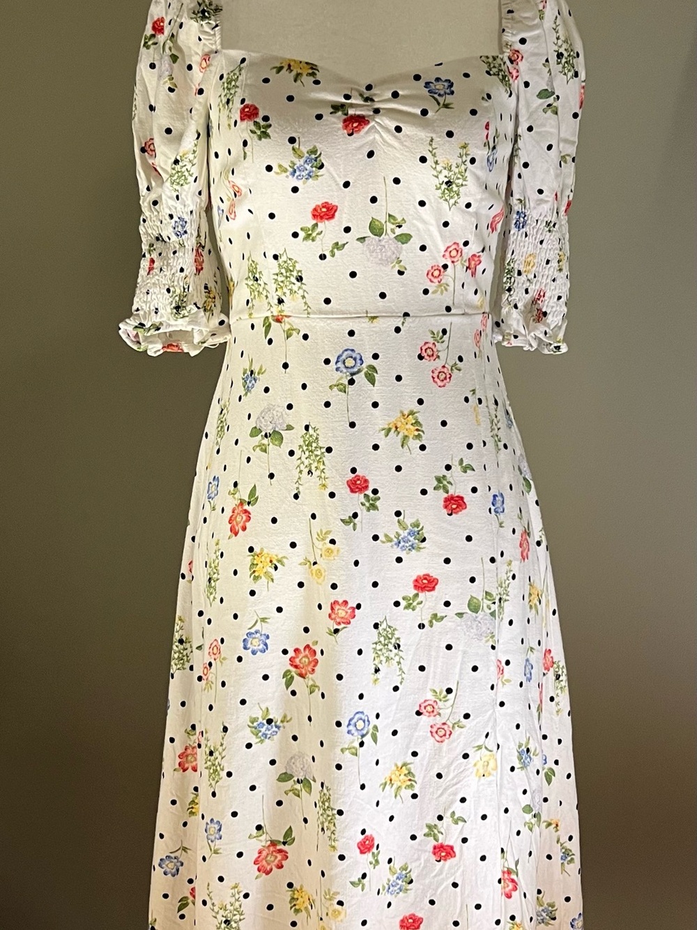 Mi Ami White Midi Dress with Multicolor Floral & Black Polka Dots